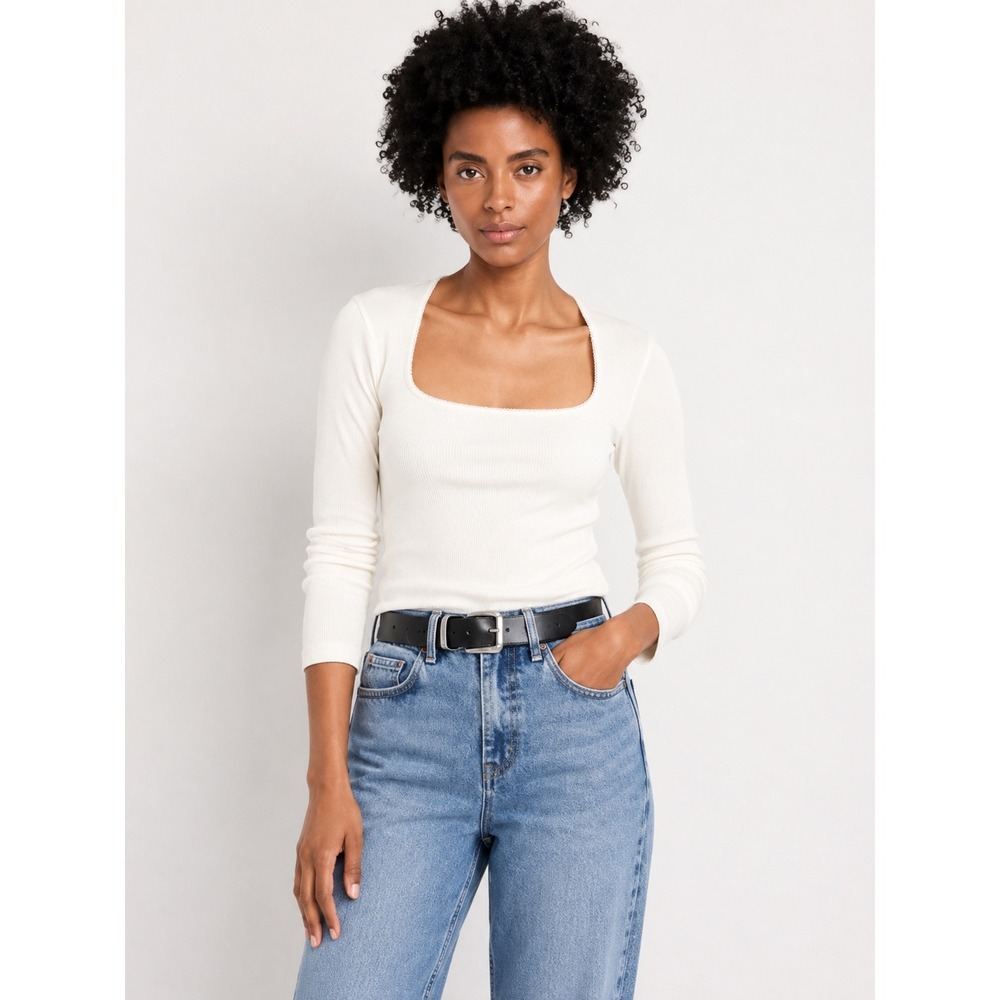 Old Navy Square Neck Top Women Size S Sea Salt Ribbed Long Sleeve Coquette